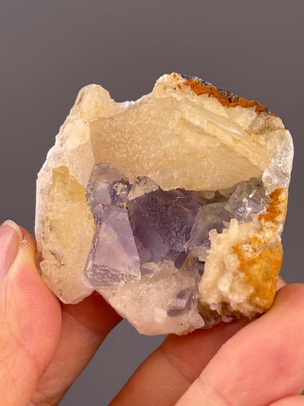 Fluorite from Fujian, China: close view of violet crystals beneath cream layers.