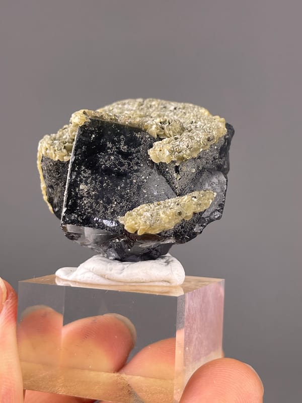 Fluorite from Fujian, China: whole dark crystal with pale border.