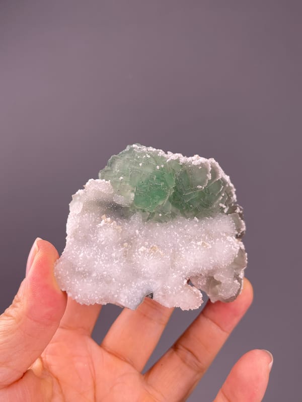 Fluorite from Fujian, China: whole green-and-white specimen above the palm.