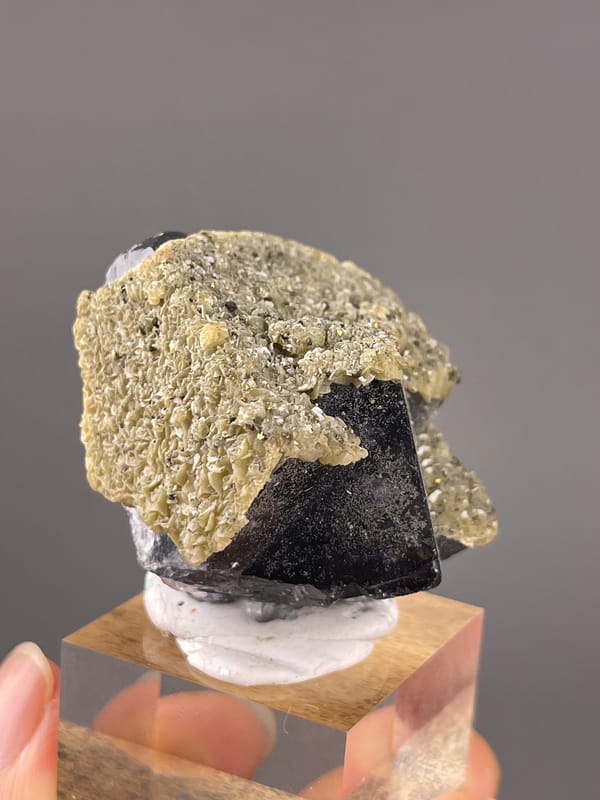 Fluorite from Fujian, China: side profile of the dark blocky crystal.