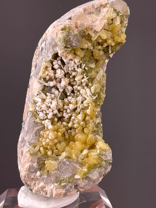 Zeolite Group with Quartz specimen from Fujian, China showing yellow-green prismatic crystals