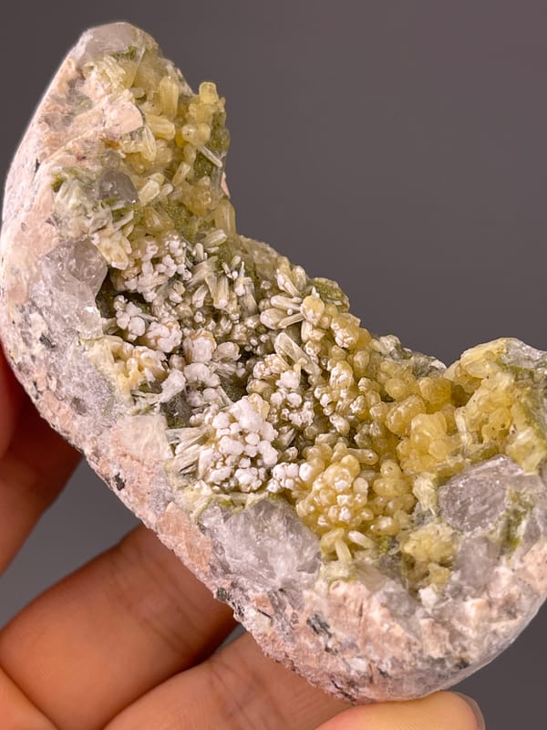 Yellow-green prismatic crystals visible on Zeolite Group with Quartz specimen from Fujian, China