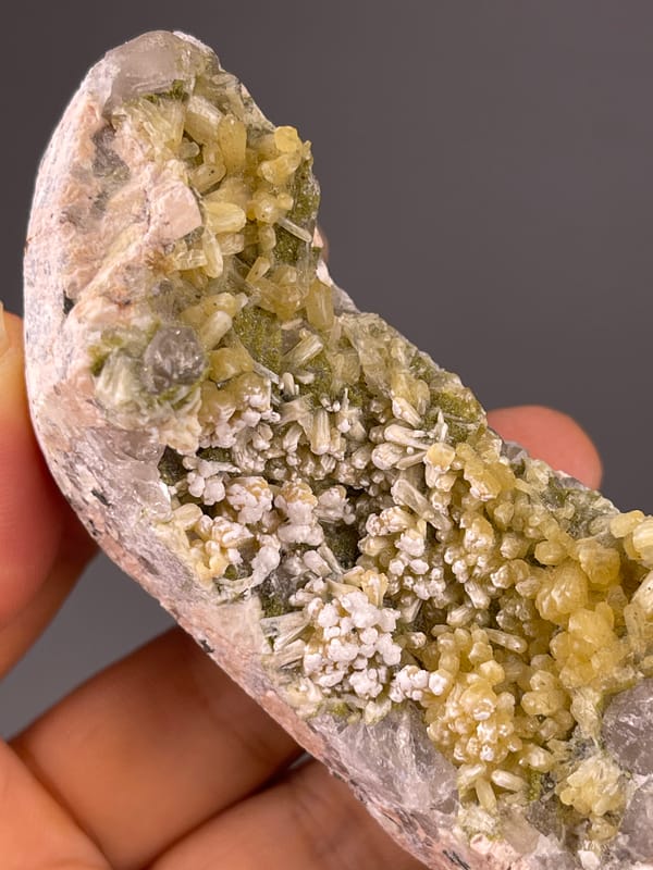 Zeolite Group with Quartz specimen from Fujian, China displaying yellow-green prismatic crystals