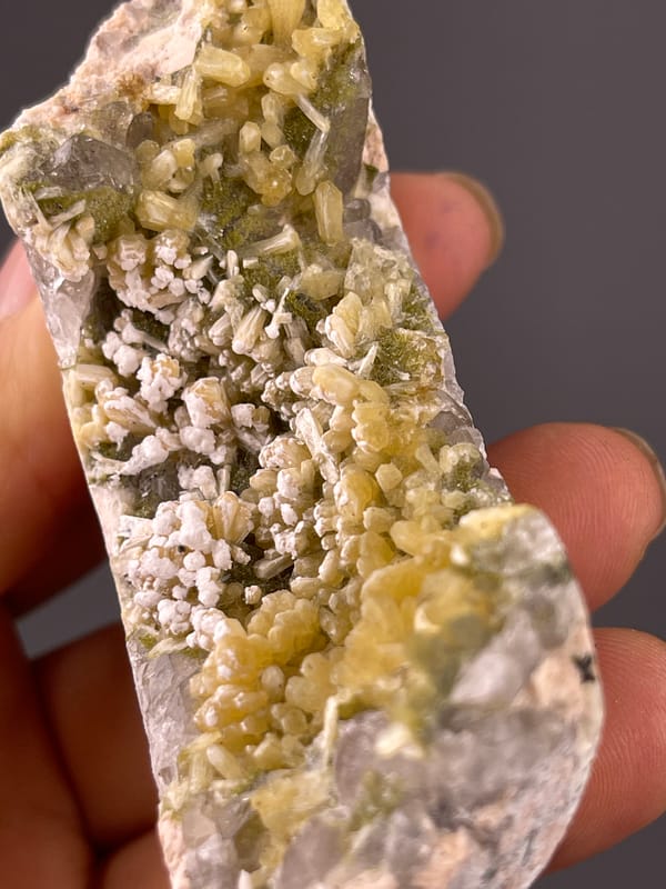 Yellow-green prismatic crystals on natural Zeolite Group with Quartz specimen from Fujian, China