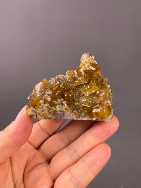 Fluorite with Yellow Barite specimen from Jiangxi, China featuring honey-yellow barite crystals on fluorite