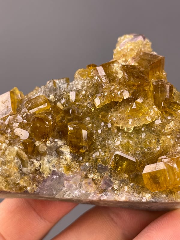 Fluorite with Yellow Barite specimen from Jiangxi, China showing honey-yellow barite crystals on fluorite