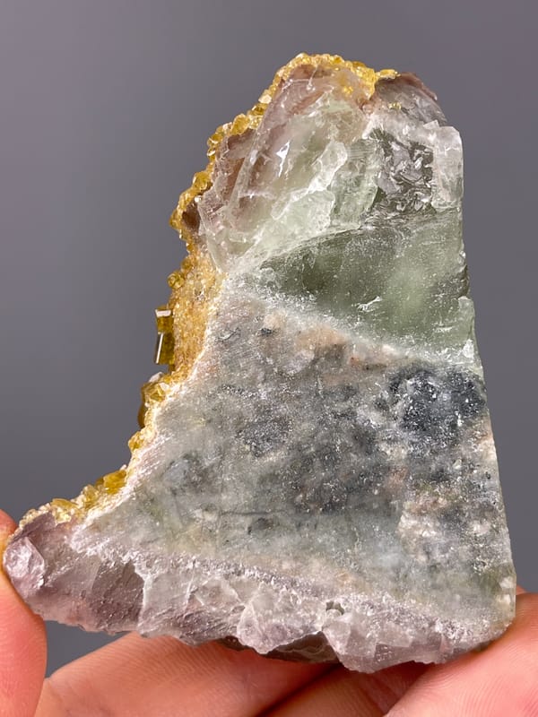 Natural Fluorite with Yellow Barite specimen from Jiangxi, China with honey-yellow barite crystals on fluorite