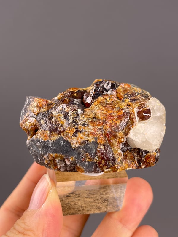 Garnet from Yunxiao, Fujian, China: brown crystals with white calcite on dark matrix.