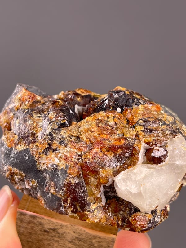 Garnet from Yunxiao, Fujian, China: close view of brown garnet beside white calcite.