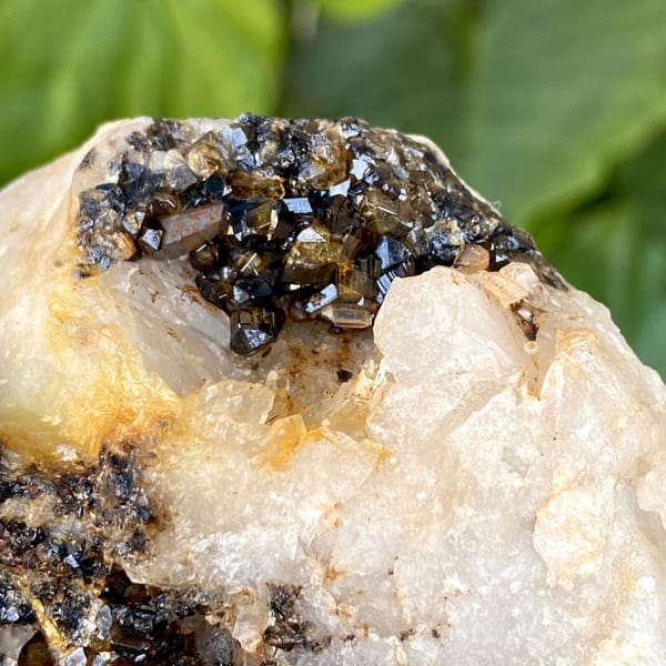 Plate of gemmy brown cassiterite on white quartz from Yunnan, China, view 8 of 9