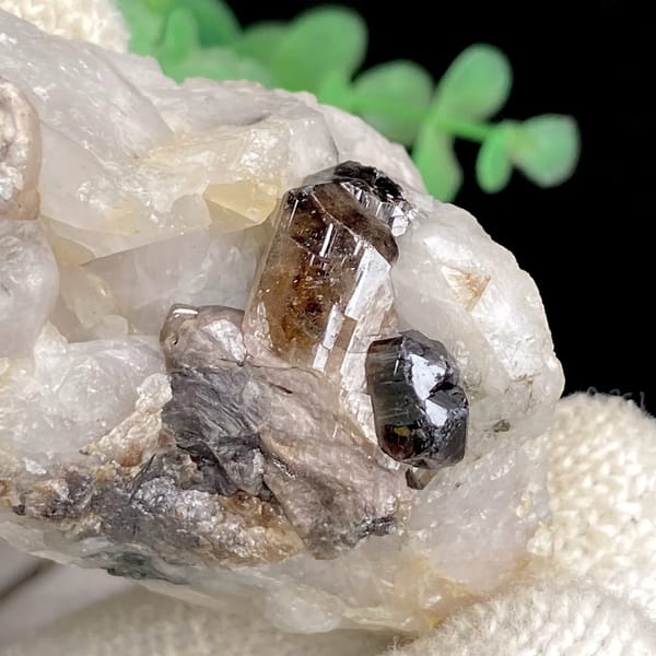 Gemmy brown cassiterite crystal on white quartz from Yunnan, China, view 4 of 9