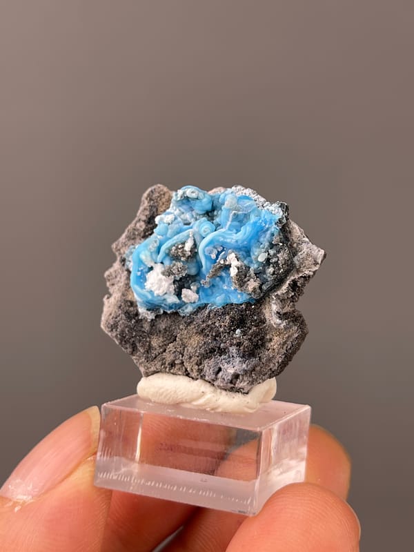 Bright blue botryoidal cavity visible on gibbsite specimen from Guizhou, China