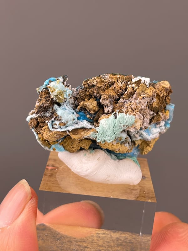 Pale blue fibrous material with white druse visible on gibbsite specimen from Qinglong, Guizhou, China