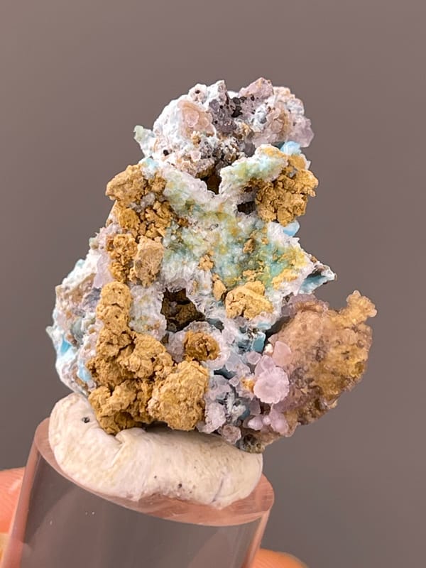Blue-pink botryoidal material with yellow matrix on natural gibbsite specimen from Qinglong, Guizhou, China