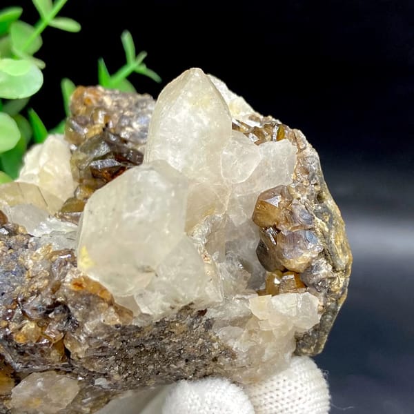 Glossy brown cassiterite crystals below pale quartz points from Yunnan, China, view 9 of 9