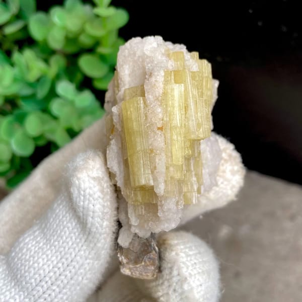 Golden prismatic topaz columns with brown crystal on top from Germany, view 6 of 9