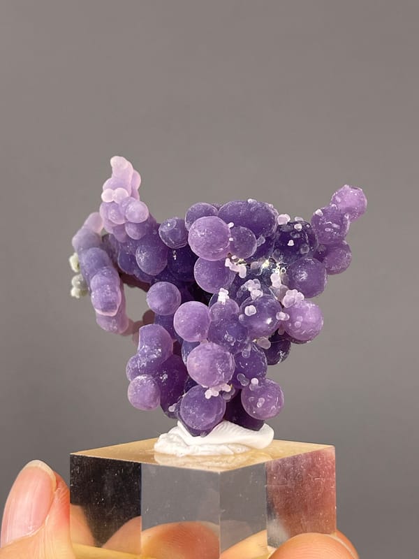 Grape Agate from Indonesia: oblique view of purple growths with pale tips.