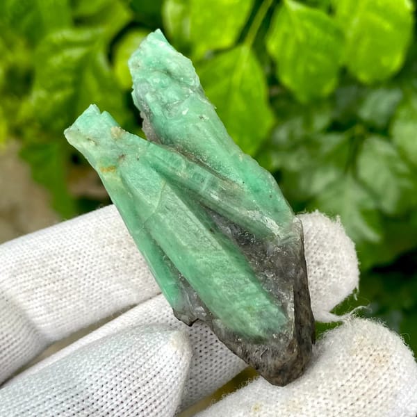 Two green emerald prisms in dark mica schist from Yunnan, China, view 3 of 9