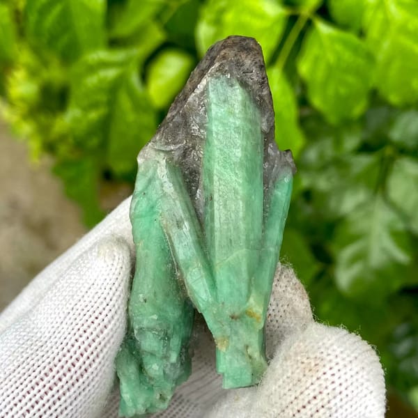 Two green emerald prisms in dark mica schist from Yunnan, China, view 4 of 9