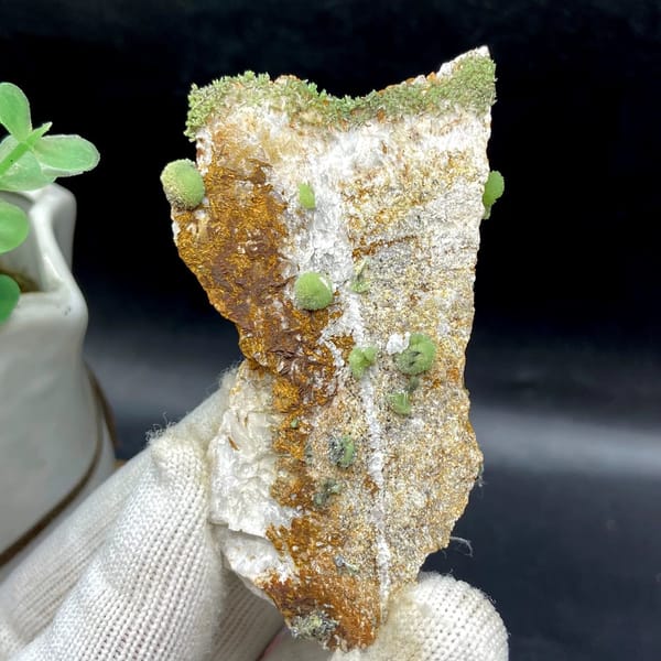 Green pyromorphite balls on tall rusty plate from Guangxi, China, view 9 of 9