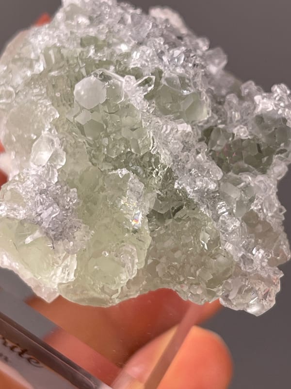 Natural Green Fluorite on Quartz specimen from Fujian, China with pale green fluorite cubes on clear