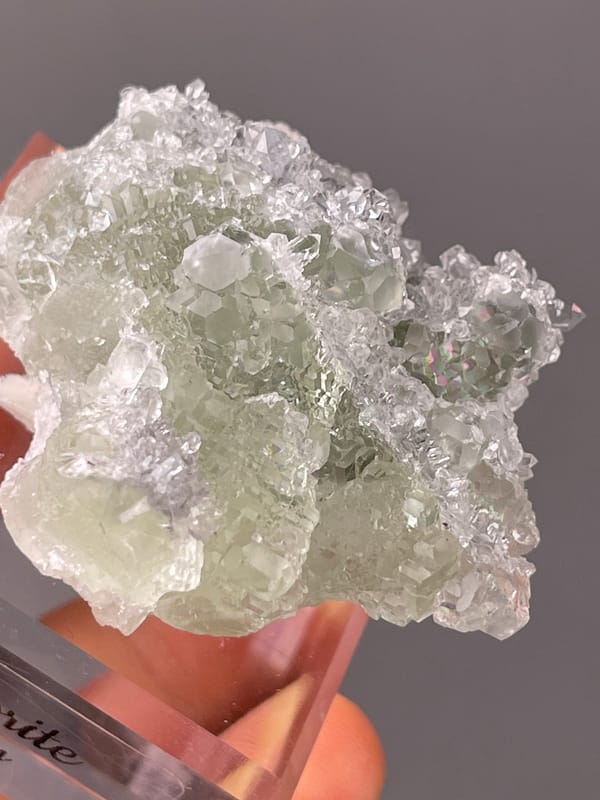 Green Fluorite on Quartz specimen from Fujian, China, pale green fluorite cubes on clear quartz druse