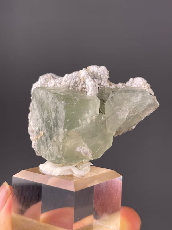 Pale green fluorite and white microcrystals on natural green fluorite specimen from Fujian, China