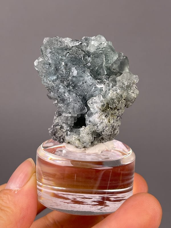 Green octahedral fluorite specimen from Fujian, China featuring pale blue-gray octahedral cluster