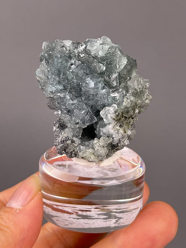 Green octahedral fluorite specimen from Fujian, China showing pale blue-gray octahedral cluster