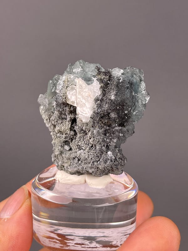 Green octahedral fluorite specimen from Fujian, China displaying pale blue-gray octahedral cluster