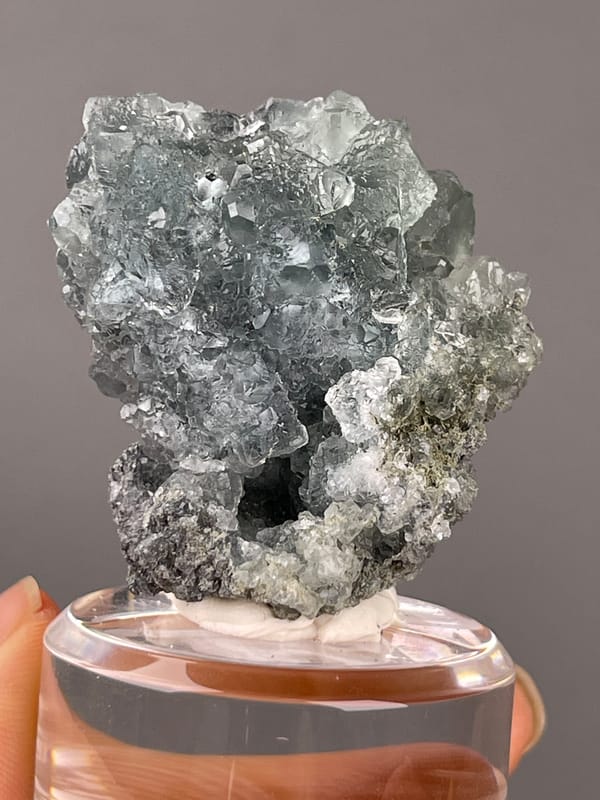 Green octahedral fluorite specimen from Fujian, China highlighting pale blue-gray octahedral cluster