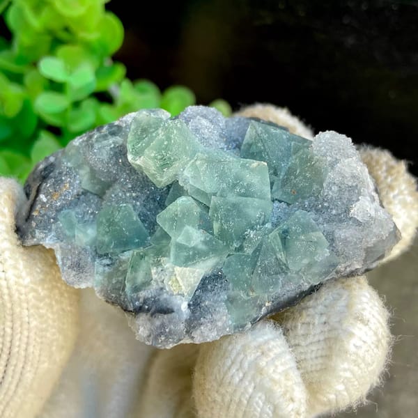Sea-green fluorite octahedra clustered on grey rock from Hunan, China, view 2 of 9