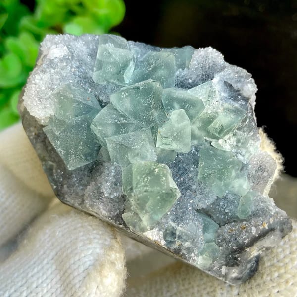 Sea-green fluorite octahedra clustered on grey rock from Hunan, China, view 4 of 9