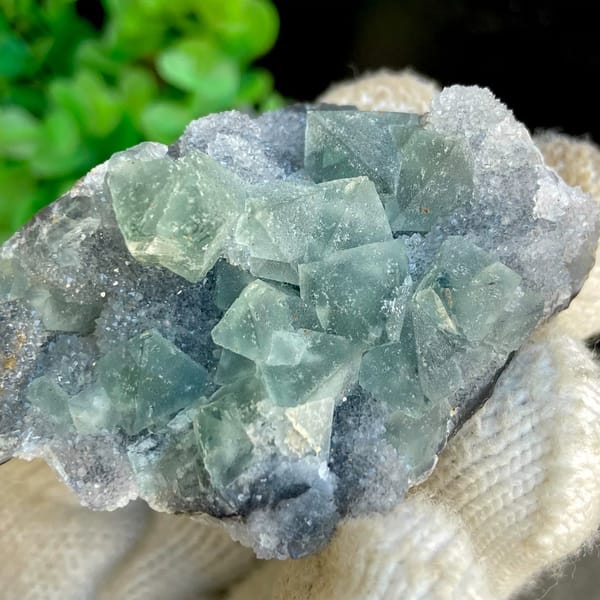 Sea-green fluorite octahedra clustered on grey rock from Hunan, China, view 7 of 9