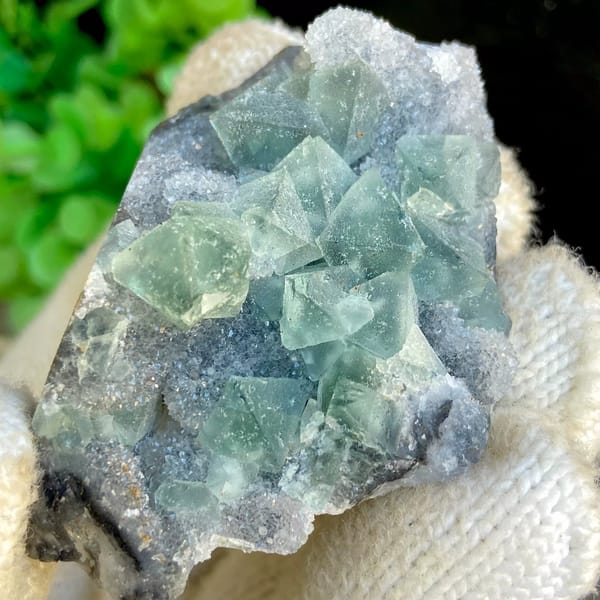 Sea-green fluorite octahedra clustered on grey rock from Hunan, China, view 8 of 9