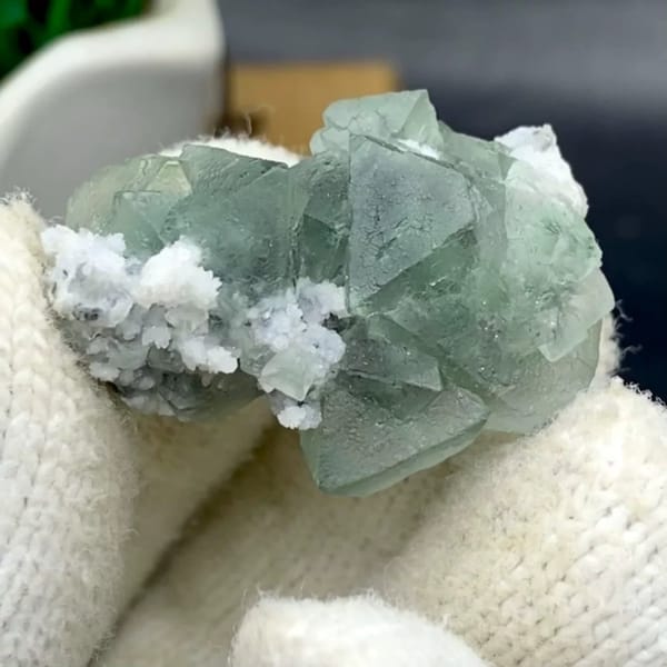 Sea-green fluorite octahedra with white quartz from Zhejiang, China
