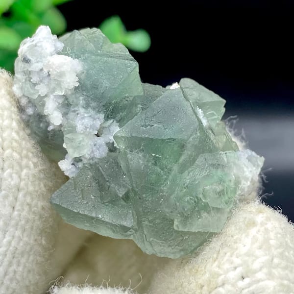 Sea-green fluorite octahedra with white quartz from Zhejiang, China, view 9 of 9