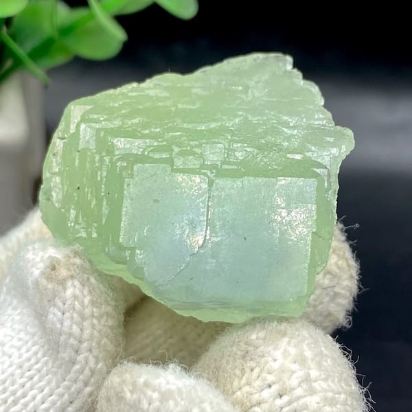 Pale green stepped fluorite cube from Hunan, China, view 5 of 9