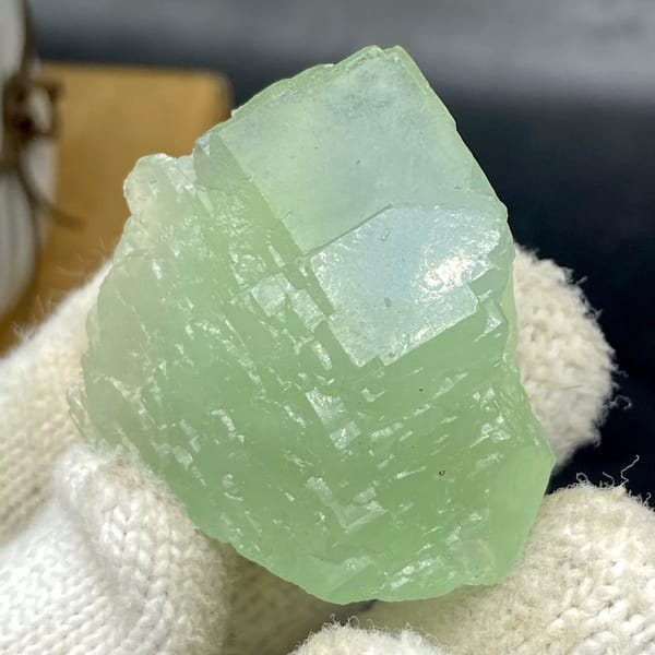 Pale green stepped fluorite cube from Hunan, China, view 6 of 9