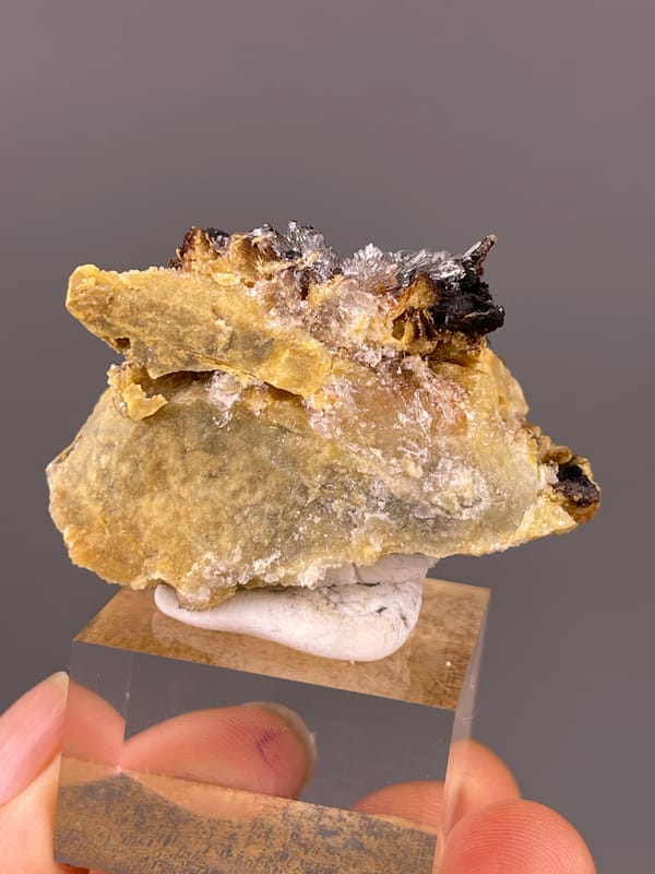 Dark crystals on yellow-brown matrix on natural gypsum flower cluster specimen from Guizhou, China