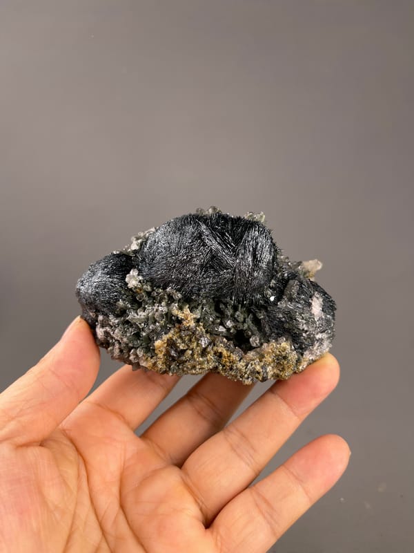 Hematite from Inner Mongolia, China: black reflective fan above quartz crystals.