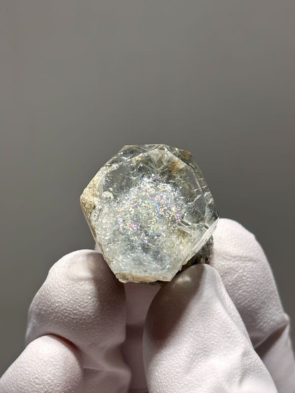 Hexagonal aquamarine with rainbow flash and mica from Xuebaoding, Sichuan, China, view 2 of 6