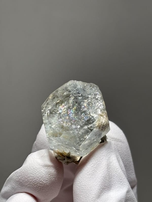 Hexagonal aquamarine with rainbow flash and mica from Xuebaoding, Sichuan, China, view 6 of 6