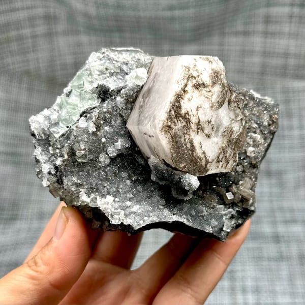 Hexagonal calcite with fluorite and quartz, from Fujian, China, front view in daylight