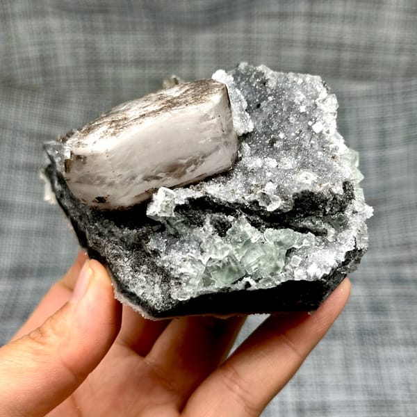 Hexagonal calcite with fluorite and quartz, from Fujian, China, front view in daylight, view 3 of 12