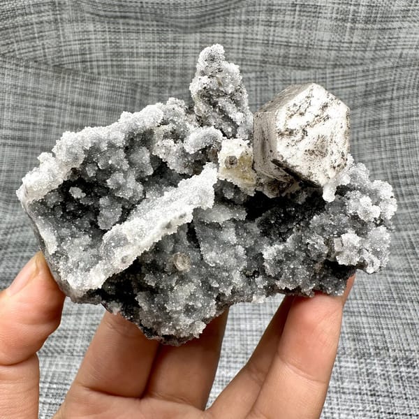 Hexagonal calcite plate on quartz, from Fujian, China, front view in daylight, view 8 of 11
