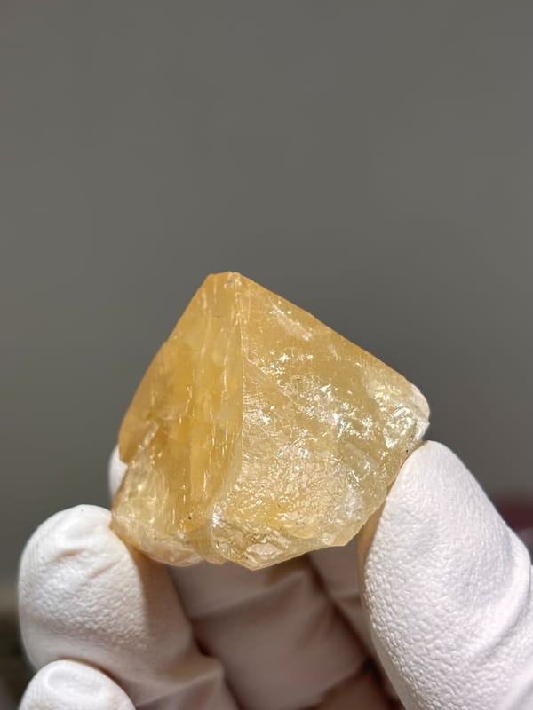 Honey-orange scheelite crystal from Xuebaoding, Sichuan, China, held in gloved hand