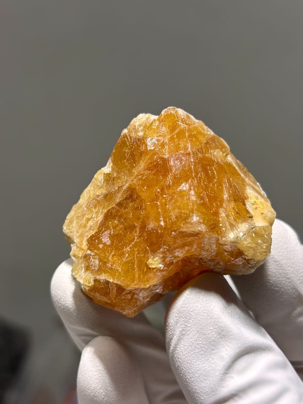 Large honey-orange scheelite crystal from Xuebaoding, Sichuan, China, held in gloved hand