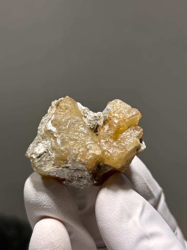 Honey scheelite group with white mica from Xuebaoding, Sichuan, China, held in gloved hand