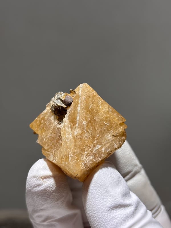 Honey scheelite with dark mica cap from Xuebaoding, Sichuan, China, view 2 of 5